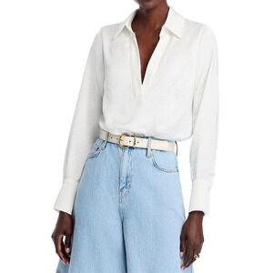 AQUA Women's White Collared Long Sleeve Top Blouse Career‎ Professional